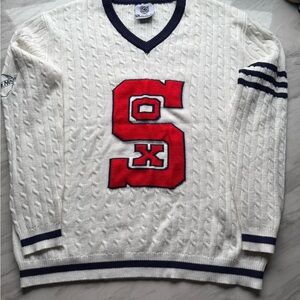 Chicago White Sox’s Cable Knit Sweater with Red Lettering “varsity” sweater